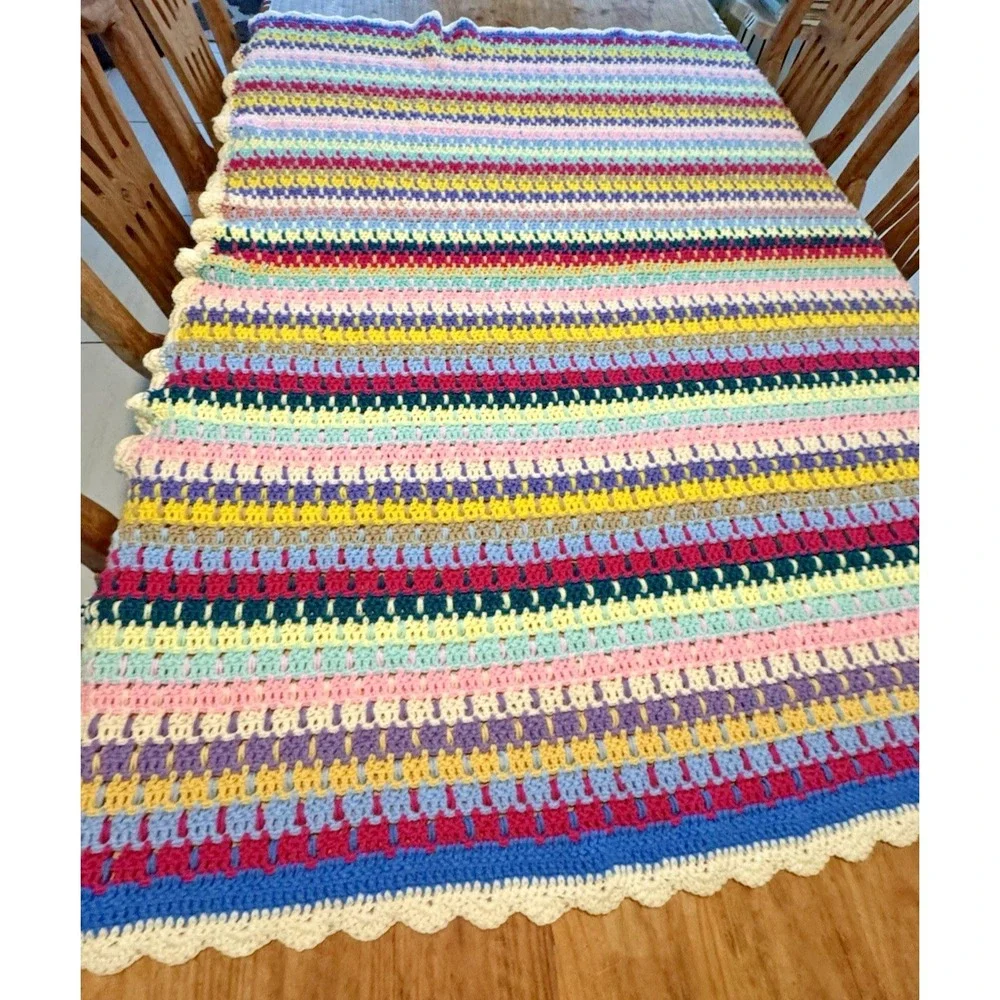 Hand Crochet Afghan Blanket Throw Red Green Blue Yellow Pink Purple